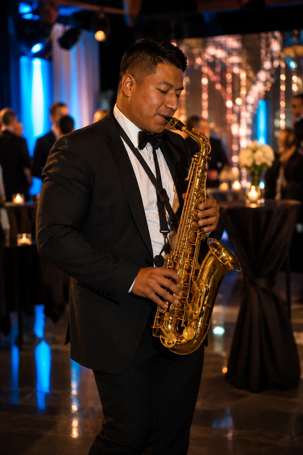 Cairo Sax tocando saxofón en una activación corporativa