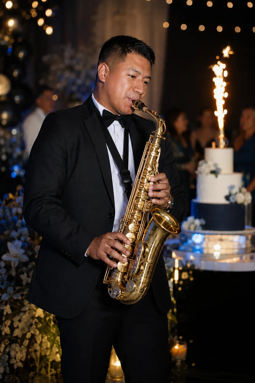 Cairo Sax tocando saxofón en un cumpleaños